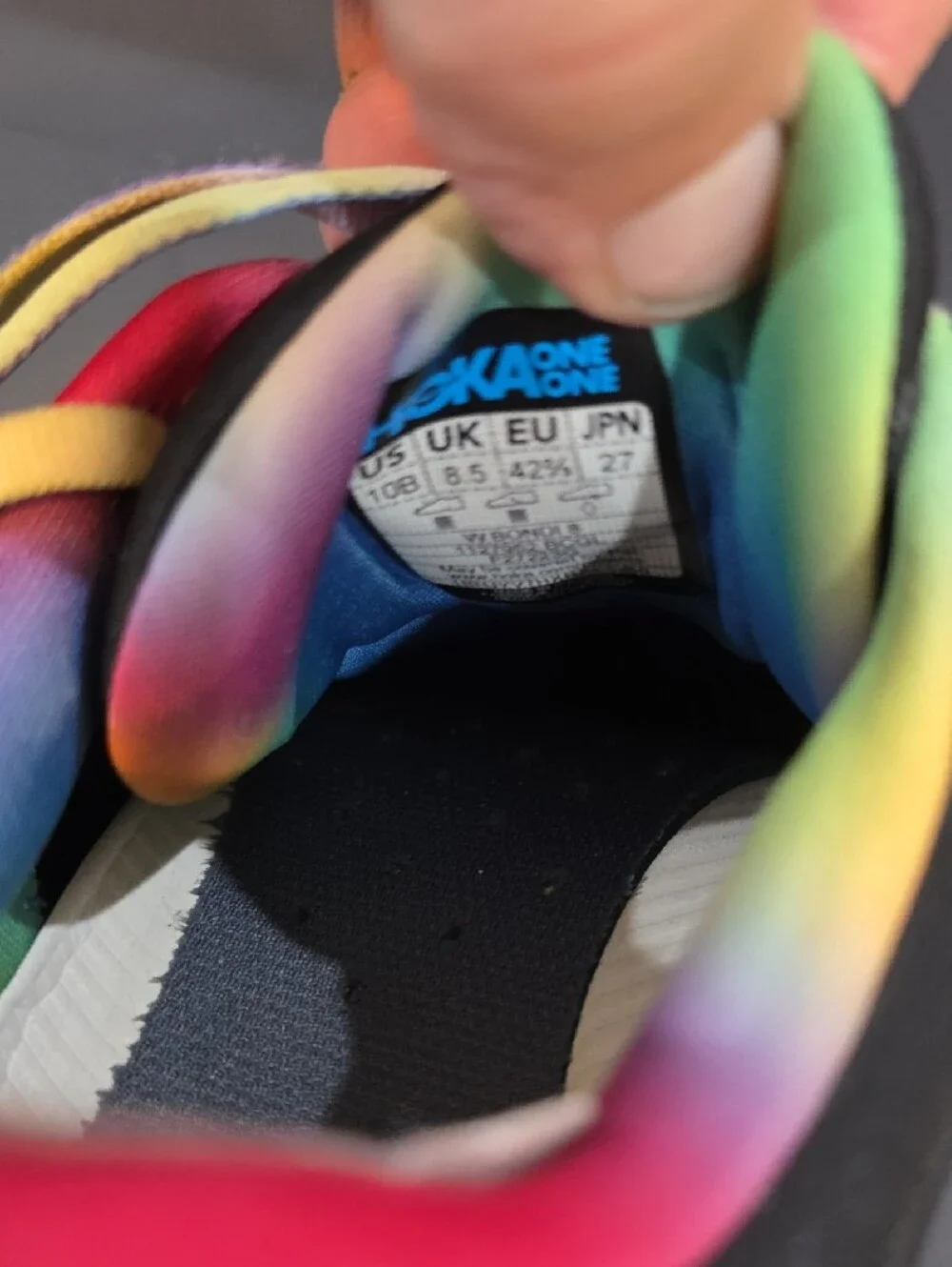 Hoka Bondi 8 Women’s Black Running Shoes with Rainbow Trim & Yellow Size 10